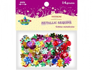 Cekiny mix wzor�w metaliczne mix kolor�w 14g wzory: kwiaty, kwiaty g�adkie, gwiazdy, okr�g�e