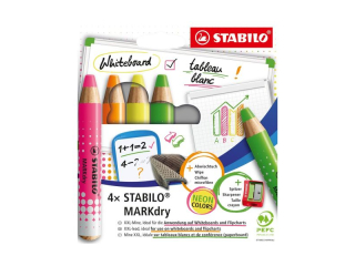 Kredka do tablic sucho�cieralnych STABILO MARKdry neon etui 4 szt. z temper�wk� i �ciereczk� NOWO�� 648/4-01 [opakowanie=10szt]