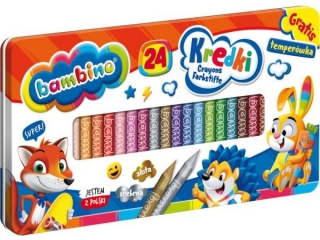 Kredki BAMBINO 24 kolory metalowe pude�ko + temper�wka ZWIERZAKI UCZNIAKI