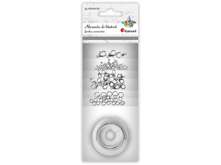 Akcesoria do bi�uterii 94 elementy srebrne 50 zacisk�w o2 mm, 3 zapi�cia 14 mm, 10 zapi�� 12 mm, 5 zapi�� 10 mm, 5 ring�w o6 mm, 20 ring�w o5 mm, 1 dr