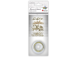 Akcesoria do bi�uterii 94 elementy z�ote 50 zacisk�w o2 mm, 3 zapi�cia 14 mm, 10 zapi�� 12 mm, 5 zapi�� 10 mm, 5 ring�w o6 mm, 20 ring�w o5 mm, 1 druc