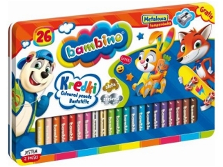 Kredki BAMBINO w opr.drew. 26 kol. d�. 15 cm + temper�wka w pude�ku metalowym