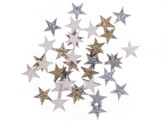 Drewniane brokatowe gwiazdki DPCRAFT dwustronne 1,4 cm, 36 szt.  Z�oty, srebrny, bia�y